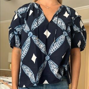 Ulla Johnson White and Blue Graphic Puff Sleeve Blouse